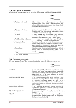 PL4. When do you feel unhappy?
(Do not read out. Record first two mentions falling under the following categories.)

                                                                               PL4a_________

                                                                               PL4b_________

        1. Problems with family           [when      there    are   problems/quarrels at   home,
                                          problems/quarrels with parents, problems/quarrels with
                                          siblings, father/family member away from home, family
                                          members feel sad/unwell, others]

        2. Problems with friends      [problems/quarrels with friends (not specified), when my
                                      friends feel bad, when something bad happens to my friends,
                                      when I don’t see my friends, others]
        3. At school                  [at school (not specified), difficulties at school, quarrels at
                                      school, bad grades/ when I am doing badly in school,
                                      homework, exams, when I have to go to school, others]
        4. Punishment/lack of freedom          [when I am punished, when I am told off, not
                                               allowed to…, forced to do something, other]
        5. Negative feelings          [I am alone, I am bored, I am teased, others laugh at me, my
                                      feelings are hurt, physically hurt/beaten, unable to achieve a
                                      goal, trouble/grief, wishes don’t come true, guilty/bad
                                      conscience (done something bad/wrong),others]
        6. Death/illness              [a family member dies, someone I like dies, illness of family
                                      member, illness of friend/someone I like, when I am ill,
                                      others]
        7. Other______________________________(specify)
        8. Don’t know/ no answer


PA1. Why do you go to school?
(Do not read out. Record first two mentions falling under the following categories.)

                                                                               PL5a________
                                                                               PL5b________

1. To learn                               [to learn (not specified), to learn new things, to learn foreign
                                          languages, to be able to go to university/higher education, to
                                          learn for life/to be ready for life/for my future, to get good
                                          grades/marks, to get a good education, to become
                                          smart/clever/intelligent, others]
2. Improve personal skills                [to be well educated/a cultivated person, to become a good
                                          man/woman, to manage things in life, to be independent, to
                                          be disciplined/well-bred/to always to well, to be
                                          honest/diligent, not to be a fool/not to be stupid, not to stand
                                          behind others/because of society, to become a responsible
                                          person, others]
3. Professional ambitions                 [to get a profession (not specified), to get an interesting job,
                                          to get training opportunities, to become somebody in life, to
                                          become successful, others]
4. Better financial situation             [to earn more money in the future, others related to financial
                                          situation]
5. Family                                 [to make my family proud, be ensure my family a better a
                                          good/better life in the future, to take care of my family/future
                                          family, other related to family]



82                                                                                  www.iksweb.org
 
