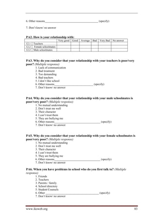 6. Other reasons_____________________________________ (specify)

7. Don’t know/ no answer


PA2. How is your relationship with:
                            Very good   Good   Average   Bad   Very Bad   No answer
12.1   Teachers
12.2   Female schoolmates
12.2   Male schoolmates



PA3. Why do you consider that your relationship with your teachers is poor/very
poor? (Multiple response)
        1. Lack of communication
        2. Bad treatment
        3. Too demanding
        4. Bad teachers
        5. I don’t like school
        6. Other reasons___________________________ (specify)
        7. Don’t know/ no answer


PA4. Why do you consider that your relationship with your male schoolmates is
poor/very poor? (Multiple response)
        1. No mutual understanding
        2. Don’t treat me well
        3. Their character
        4. I can’t trust them
        5. They are bullying me
        6. Other reasons________________________________ (specify)
        7. Don’t know/ no answer


PA5. Why do you consider that your relationship with your female schoolmates is
poor/very poor? (Multiple response)
        1. No mutual understanding
        2. Don’t treat me well
        3. Their character
        4. I can’t trust them
        5. They are bullying me
        6. Other reasons________________________________ (specify)
        7. Don’t know/ no answer

PA6. When you have problems in school who do you first talk to? (Multiple
response)
        1. Friends
        2. Teachers
        3. Parents / family
        4. School directory
        5. Student Counsels
        6. Other _____________________________________ (specify)
        7. Don’t know/ no answer



www.iksweb.org                                                                        83
 