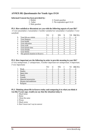 ANNEX III. Questionnaire for Youth Ages 15-24

Informed Consent has been provided by:
                       1. Mother                       4. Female guardian
                       2. Father                       5. The respondent aged 18-24
                       3. Male guardian

PL1. How satisfied or discontent are you with the following aspects of your life?
 (1-very unsatisfied, 2-unsatisfied, 3-neither satisfied nor unsatisfied, 4-satisfied, 5-very
satisfied)
                                                VU      U      NN      S       VS DK/NA
       1.   Your life as a whole               1       2       3       4       5       6
       2.   Your finances                      1       2       3       4       5       6
       3.   Your health                        1       2       3       4       5       6
       4.   Your education                     1       2       3       4       5       6
       5.   Your work                          1       2       3       4       5       6
       6.   Your leisure time                  1       2       3       4       5       6
       7.   Your friends                       1       2       3       4       5       6
       8.   Your family                        1       2       3       4       5       6
       9.   The general situation in Kosovo    1       2       3       4       5       6


PL2. How important are the following in order to provide meaning in your life?
(1-very unimportant, 2- unimportant, 3-neither important nor unimportant, 4-important,
5 very important)
                                            VU     U       NN    I       VI DK/NA
       1.   Work                               1       2       3       4       5       6
       2.   Studies                            1       2       3       4       5       6
       3.   Spare time                         1       2       3       4       5       6
       4.   Family                             1       2       3       4       5       6
       5.   Friends                            1       2       3       4       5       6
       6.   Material possessions               1       2       3       4       5       6
       7.   Dreams and ambitions               1       2       3       4       5       6
       8.   Religion                           1       2       3       4       5       6


PL3. Thinking about life in Kosovo today and comparing it to what you think it
was like 5 years ago, would you say that the situation today is
       1. Much better
       2. Better
       3. About the same
       4. Worse
       5. Much worse
       6. Don’t know/can’t say/no answer




96                                                                         www.iksweb.org
 
