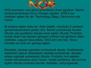 NGS enpresan izan ginen,Errenterian duen egoitzan. Bertan funtzionamenduari buruz hitzegin ziguten. NGS-k lau mailatan egiten du lan: Technology, Bags, Electronics eta Home. Bi eratara egiten dute lan. Alde batetik, munduko 6 azokarik garrantzitsuenetara jaoten dira. Bertan produktuak ikusten dituzte, eta gustatzen bazaie erosi egiten dituzte. Produktu horiek ekarri eta beraien gehigarri txikiren bat gehitzen diete. Adibidez, xaguari tapa aldatu, NGS jarri eta listo. Modu honetan ez dute lan gehiegi egiten. Bestalde, beraiek egindako produktuak daude. Diseñatzaile kataluñiar batzuk diseinatzen dizkiete produktuak. Beraien artean egokiak aukeratzen dituzte. Produktu hori egiteko molde bat eskatzen dute Txinan, molde perfektua, eta horrela egiten dituzte produktu berriak. Adibidez, entzungailuak. NGS  