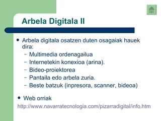 Arbela Digitala II Arbela digitala osatzen duten osagaiak hauek dira: Multimedia ordenagailua Internetekin konexioa (arina). Bideo-proiektorea Pantaila edo arbela zuria. Beste batzuk (inpresora, scanner, bideoa) Web orriak http:// www.navarratecnologia.com / pizarradigital / info.htm 