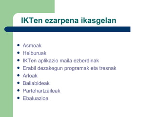 IKTen ezarpena ikasgelan Asmoak Helburuak IKTen  aplikazio maila ezberdinak Erabil dezakegun programak eta tresnak Arloak Baliabideak Partehartzaileak Ebaluazioa 