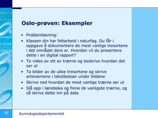 Oslo-prøven: Eksempler Problemløsning:  Klassen din har feltarbeid i naturfag. Du får i oppgave å dokumentere de mest vanlige tresortene i det området dere er. Hvordan vil du presentere dette i en digital rapport? Ta video av ett av trærne og beskrive hvordan det ser ut Ta bilder av de ulike tresortene og skrive artsnavnene i tekstbokser under bildene Skrive ned hvordan de mest vanlige trærne ser ut Slå opp i læreboka og finne de vanligste trærne, og så skrive dette inn på data 