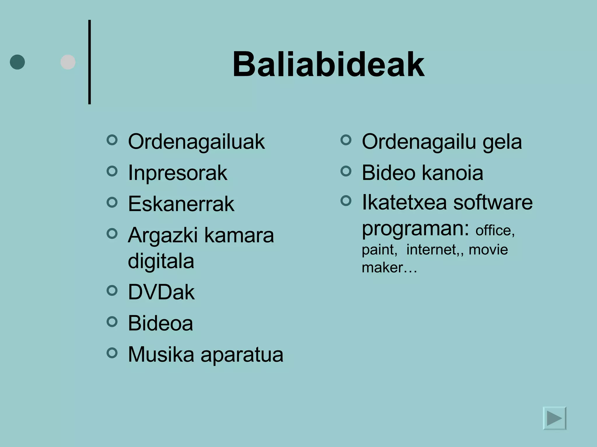 Baliabideak Ordenagailuak Inpresorak Eskanerrak Argazki kamara digitala DVDak Bideoa Musika aparatua Ordenagailu gela Bideo kanoia Ikatetxea software programan:  office, paint,  internet,, movie maker… 