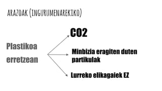 arazoak(ingurumenarekiko)
Plastikoa
erretzean
CO2
Minbizia eragiten duten
partikulak
Lurreko elikagaiek EZ
 