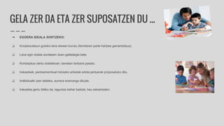 GELA ZER DA ETA ZER SUPOSATZEN DU ...
➔ EGOERA IDEALA SORTZEKO:
❏ Konplexutasun gutxiko lana etxean burutu (familiaren parte hartzea garrantzitsua).
❏ Lana egin dutela ziurtatzen duen galdetegia bete.
❏ Kontzeptua ulertu dutelakoan, benetan lantzera pasatu.
❏ Irakasleak, pentsamenduari lotutako ariketak edota jarduerak proposatuko ditu.
❏ Indibidualki zein taldeka, aurrera eramango dituzte.
❏ Irakaslea gertu ibiliko da, laguntza behar badute, hau eskaintzeko.
 