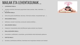 MAILAK ETA LEHENTASUNAK ...
➔ LEHENENGO MAILA:
❏ Jasotako oinarrizko informazioa gogoratzean datza (zenbatu, bilatu, deskribatu …).
➔ BIGARREN MAILA:
❏ Ulerkuntza garaia (klasifikatzea, laburtzea, informazio antolatu, konparaketak egin …).
➔ HIRUGARREN MAILA:
❏ Aplikatzea, arazoak konpontzea, prozesuak osatzea,erabiltzea …
➔ ANALISIAREN MAILA:
❏ Azalpenak, konparaketak edota identifikazioak egitea eskatzen zaio ikasleari.
➔ EBALUAZIOAREN MAILA:
❏ Aukeratzeko, justifikatzeko, arrazoitzeko, gomendatzeko edota baloratzeko gaitasuna.
➔ SORTZE MAILA:
❏ Asmatzea, planifikatzea,eraikitzea, diseinatzea edo imaginatzea eskatzen zaio ikasleari.
 