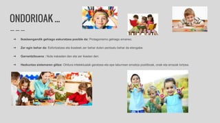 ONDORIOAK ...
➔ Ikasleengandik gehiago eskuratzea posible da: Protagonismo gehiago emanez.
➔ Zer egin behar da: Esfortzatzea eta ikasleek zer behar duten pentsatu behar da etengabe.
➔ Garrantzitsuena : Nola irakasten den eta zer ikasten den.
➔ Hezkuntza sistemaren giltza: Ohitura intelektualak garatzea eta epe laburrean emaitza positiboak, onak eta errazak lortzea.
 