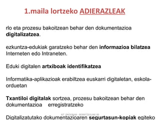 1.maila lortzeko  ADIERAZLEAK IKT  PROGRAM - BERRITZEGUNE 00 Arlo eta prozesu bakoitzean behar den dokumentazioa  digitalizatzea .  Hezkuntza-edukiak garatzeko behar den  informazioa bilatzea  Interneten edo Intraneten. Eduki digitalen  artxiboak identifikatzea Informatika-aplikazioak erabiltzea euskarri digitaletan, eskola-  orduetan Txantiloi digitalak  sortzea, prozesu bakoitzean behar den dokumentazioa  erregistratzeko Digitalizatutako dokumentazioaren  segurtasun-kopiak  egiteko prozedura bat ezartzea IKT gela  erabiltzea Hezkuntza-mailen arabera sailkatutako baliabide digitaletarako  direktorioak antolatzea , irakasleentzat eta ikasleentzat 