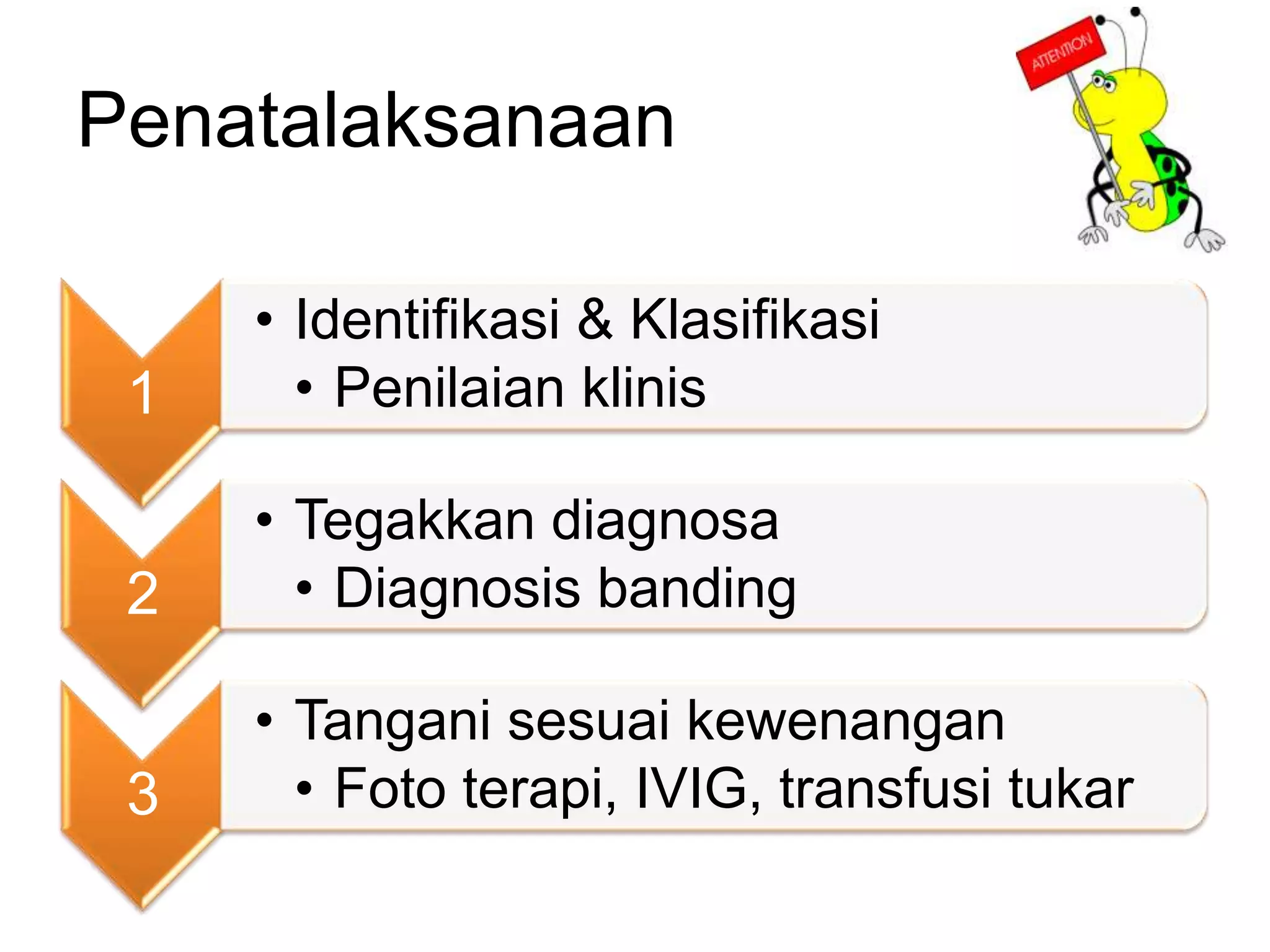 Penatalaksanaan
1
• Identifikasi & Klasifikasi
• Penilaian klinis
2
• Tegakkan diagnosa
• Diagnosis banding
3
• Tangani sesuai kewenangan
• Foto terapi, IVIG, transfusi tukar
 