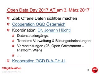 16
Open Data Day 2017 AT am 3. März 2017
Ziel: Offene Daten sichtbar machen
Cooperation OGD Österreich
Koordination: Dr. Johann Höchtl
# Datenspaziergänge,
# Tandems Verwaltung & Bildungseinrichtungen
# Veranstaltungen (26. Open Government –
Plattform Wien)
# …
Kooperation OGD D-A-CH-LI
 
