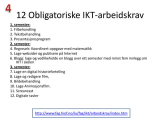 12 Obligatoriske IKT-arbeidskrav
1. semester:
1. Filbehandling
2. Tekstbehandling
3. Presentasjonsprogram
2. semester:
4. Regneark: Koordinert oppgave med matematikk
5. Lage websider og publisere på Internet
6. Blogg: lage og vedlikeholde en blogg over ett semester med minst fem innlegg om
    IKT i skolen
3. semester:
7. Lage en digital historiefortelling
8. Lage og redigere film,
9. Bildebehandling
10. Lage Animasjonsfilm.
11. Screancast
12. Digitale tavler



              http://www.fag.hiof.no/lu/fag/ikt/arbeidskrav/index.htm
 