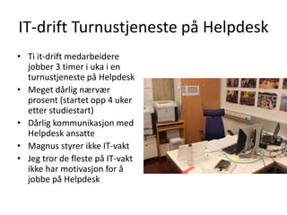 IT-drift Turnustjeneste på Helpdesk
• Ti it-drift medarbeidere
  jobber 3 timer i uka i en
  turnustjeneste på Helpdesk
• Meget dårlig nærvær
  prosent (startet opp 4 uker
  etter studiestart)
• Dårlig kommunikasjon med
  Helpdesk ansatte
• Magnus styrer ikke IT-vakt
• Jeg tror de fleste på IT-vakt
  ikke har motivasjon for å
  jobbe på Helpdesk
 