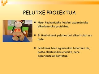 PELUTXE PROIEKTUA Haur hezkuntzako ikasleei zuzendutako elkarlanerako proiektua. Bi ikastetxeek pelutxe bat elkartrukatzen dute. Pelutxeak bere egunerokoa bidaltzen du, posta elektronikoa erabiliz, bere esperientziak kontatuz. 