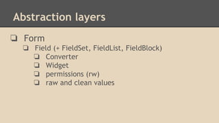 Abstraction layers
❏ Form
❏ Field (+ FieldSet, FieldList, FieldBlock)
❏ Converter
❏ Widget
❏ permissions (rw)
❏ raw and clean values
 