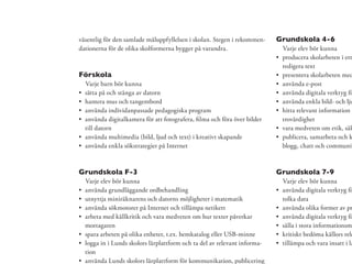väsentlig för den samlade måluppfyllelsen i skolan. Stegen i rekommen-    Grundskola 4-6
dationerna för de olika skolformerna bygger på varandra.                   Varje elev bör kunna
                                                                           producera skolarbeten i ett
                                                                           redigera text
Förskola                                                                   presentera skolarbeten med
  Varje barn bör kunna                                                     använda e-post
  sätta på och stänga av datorn                                            använda digitala verktyg fö
  hantera mus och tangentbord                                              använda enkla bild- och lju
  använda individanpassade pedagogiska program                             hitta relevant information p
  använda digitalkamera för att fotografera, ﬁlma och föra över bilder     trovärdighet
  till datorn                                                              vara medveten om etik, säk
  använda multimedia (bild, ljud och text) i kreativt skapande             publicera, samarbeta och k
  använda enkla sökstrategier på Internet                                  blogg, chatt och communit



Grundskola F-3                                                            Grundskola 7-9
  Varje elev bör kunna                                                     Varje elev bör kunna
  använda grundläggande ordbehandling                                      använda digitala verktyg fö
  utnyttja miniräknarens och datorns möjligheter i matematik               tolka data
  använda sökmotorer på Internet och tillämpa netikett                     använda olika former av pr
  arbeta med källkritik och vara medveten om hur texter påverkar           använda digitala verktyg fö
  mottagaren                                                               sålla i stora informationsm
  spara arbeten på olika enheter, t.ex. hemkatalog eller USB-minne         kritiskt bedöma källors rele
  logga in i Lunds skolors lärplattform och ta del av relevant informa-    tillämpa och vara insatt i la
  tion
  använda Lunds skolors lärplattform för kommunikation, publicering
 
