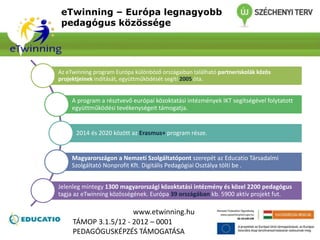 eTwinning – Európa legnagyobb
pedagógus közössége
Az eTwinning program Európa különböző országaiban található partneriskolák közös
projektjeinek indítását, együttműködését segíti 2005 óta.
A program a résztvevő európai közoktatási intézmények IKT segítségével folytatott
együttműködési tevékenységeit támogatja.
2014 és 2020 között az Erasmus+ program része.
Magyarországon a Nemzeti Szolgáltatópont szerepét az Educatio Társadalmi
Szolgáltató Nonprofit Kft. Digitális Pedagógiai Osztálya tölti be .
Jelenleg mintegy 1300 magyarországi közoktatási intézmény és közel 2200 pedagógus
tagja az eTwinning közösségének. Európa 39 országában kb. 5900 aktív projekt fut.
www.etwinning.hu
TÁMOP 3.1.5/12 - 2012 – 0001
PEDAGÓGUSKÉPZÉS TÁMOGATÁSA
 