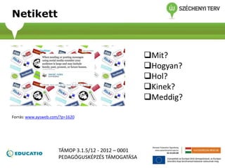 Netikett
Forrás: www.aysweb.com/?p=1620
Mit?
Hogyan?
Hol?
Kinek?
Meddig?
TÁMOP 3.1.5/12 - 2012 – 0001
PEDAGÓGUSKÉPZÉS TÁMOGATÁSA
 