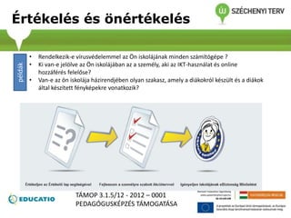 Értékelés és önértékelés
• Rendelkezik-e vírusvédelemmel az Ön iskolájának minden számítógépe ?
• Ki van-e jelölve az Ön iskolájában az a személy, aki az IKT-használat és online
hozzáférés felelőse?
• Van-e az ön iskolája házirendjében olyan szakasz, amely a diákokról készült és a diákok
által készített fényképekre vonatkozik?
példák
TÁMOP 3.1.5/12 - 2012 – 0001
PEDAGÓGUSKÉPZÉS TÁMOGATÁSA
 