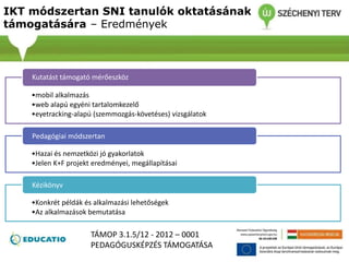IKT módszertan SNI tanulók oktatásának
támogatására – Eredmények
•mobil alkalmazás
•web alapú egyéni tartalomkezelő
•eyetracking-alapú (szemmozgás-követéses) vizsgálatok
Kutatást támogató mérőeszköz
•Hazai és nemzetközi jó gyakorlatok
•Jelen K+F projekt eredményei, megállapításai
Pedagógiai módszertan
•Konkrét példák és alkalmazási lehetőségek
•Az alkalmazások bemutatása
Kézikönyv
TÁMOP 3.1.5/12 - 2012 – 0001
PEDAGÓGUSKÉPZÉS TÁMOGATÁSA
 