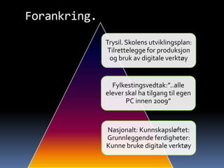 Forankring.
              Trysil. Skolens utviklingsplan:
               Tilrettelegge for produksjon
                og bruk av digitale verktøy


                Fylkestingsvedtak:”..alle
              elever skal ha tilgang til egen
                     PC innen 2009”



              Nasjonalt: Kunnskapsløftet:
              Grunnleggende ferdigheter:
              Kunne bruke digitale verktøy
 