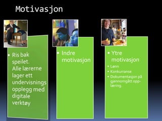 Motivasjon



        • Indre        • Ytre
          motivasjon     motivasjon
                       • Lønn
                       • Konkurranse
                       • Dokumentasjon på
                         gjennomgått opp-
                         læring.
 