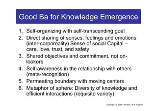 Good Ba for Knowledge Emergence
1. Self-organizing with self-transcending goal
2. Direct sharing of senses, feelings and e...