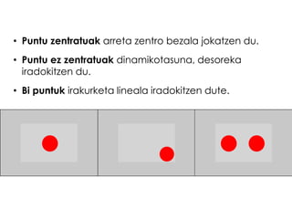 • Puntu zentratuak arreta zentro bezala jokatzen du.
• Puntu ez zentratuak dinamikotasuna, desoreka
iradokitzen du.
• Bi puntuk irakurketa lineala iradokitzen dute.

 