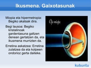Ikusmena. Gaixotasunak Miopia eta hipermetropia: Begiko akatsak dira. 