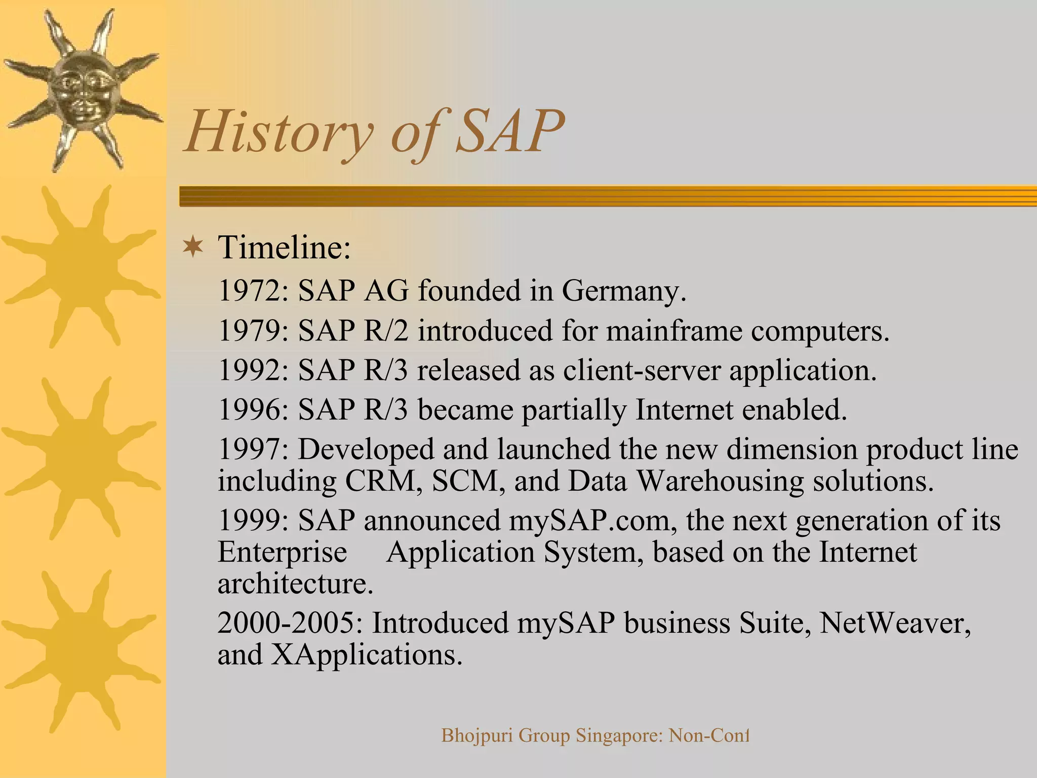 History of SAP Timeline: 1972: SAP AG founded in Germany.  1979: SAP R/2 introduced for mainframe computers. 1992: SAP R/3 released as client-server application.  1996: SAP R/3 became partially Internet enabled.  1997: Developed and launched the new dimension product line including CRM, SCM, and Data Warehousing solutions.  1999: SAP announced mySAP.com, the next generation of its Enterprise  Application System, based on the Internet architecture. 2000-2005: Introduced mySAP business Suite, NetWeaver, and XApplications. 