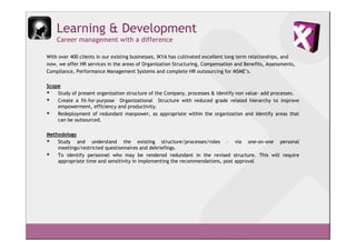 Learning & Development
    Career management with a difference

With over 400 clients in our existing businesses, IKYA has cultivated excellent long term relationships, and
now, we offer HR services in the areas of Organization Structuring, Compensation and Benefits, Assessments,
Compliance, Performance Management Systems and complete HR outsourcing for MSME’s.

Scope
    Study of present organization structure of the Company, processes & identify non value- add processes.
    Create a fit-for-purpose Organizational Structure with reduced grade related hierarchy to improve
    empowerment, efficiency and productivity.
    Redeployment of redundant manpower, as appropriate within the organization and Identify areas that
    can be outsourced.

Methodology
    Study and understand the existing structure/processes/roles – via one-on-one personal
    meetings/restricted questionnaires and debriefings.
    To identify personnel who may be rendered redundant in the revised structure. This will require
    appropriate time and sensitivity in implementing the recommendations, post approval
 