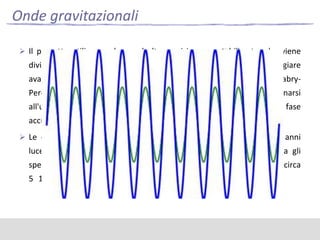 Onde gravitazionali
 Il progetto utilizza un laser ad alta precisione prestabilizzato, che viene

diviso e inviato nei due bracci del rivelatore. I fasci vengono fatti viaggiare

avanti e indietro per 50 volte grazie a delle cavità ottiche di FabryPerot che costituiscono i bracci dell'interferometro, per poi ricombinarsi
all'uscita dell'interferometro dove ne viene rivelata la differenza di fase
accumulata.
 Le onde gravitazionali che sono originate a centinaia di milioni di anni

luce dalla Terra dovrebbero distorcere i 3 chilometri di spazio tra gli
specchi di circa 10-18 m (come confronto, un atomo di idrogeno è circa
5 10-11 m).

 