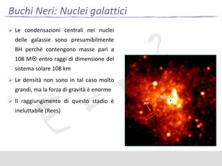 Buchi Neri: Nuclei galattici
 Le condensazioni centrali nei nuclei

delle galassie sono presumibilmente
BH perché contengono masse pari a
108 M entro raggi di dimensione del

sistema solare 108 km
 Le densità non sono in tal caso molto

grandi, ma la forza di gravità è enorme
 Il raggiungimento di questo stadio è

ineluttabile (Rees)

 