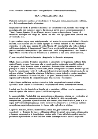 Sulla sublatione sublime l’esserci archegete fonda l'abitare sublime nel mondo.

                               PLATONE E ARISTOTELE

Platone è matematico sublime, Aristotele invece è fisico, non mitico, ma dynamico sublime,
dove il dynamaion equivalga al pensiero.

Il dynamaion è ciò che di per sé non è niente, è ciò che ancora non è, ma nello stesso tempo è il
paradigma che non può essere emerso dal niente, e perciò generò autodynamicamente i
Titani: Oceano, Yperìon, Divina, Fluente, Norma, Memoria, Ispirazione e Cronos, è il
fenomeno mitologico del tempo in Cronos che odiò i suoi figli giganti e non consentì loro
di venire alla luce.

Le gocce del suo sangue sono ontodynamiche nel senso che eventuano le Erinni, i Giganti e
le Ninfe, dalla schiuma del suo mare sgorgò e si eventuò Afrodite la dea dell'estetica
excstatica, e le stelle quale corona del Cielo, Atlante offrì transtabilità alla volta stellata, e
soffrì scosso dai colpi di Zeus contro i Titani, Zeus si scagliò dal Cielo per colpire i Titani,
gettò la luce della transplendenza per annichilire i miti della preesistenza, Zeus divorò o
ingoiò Metis, così evitò d' essere detronizzato o annihilito a sua volta dinamicamente.

Cronos conquistò il mondo divorando e kryptando, in dinamica abneganza.

Il figlio Zeus non venne divorato o annichilito o annientato per la genialità sublime della
madre Fluente, nessuno fu estraneo alla dynamis sublime mitica, che annichilì perfino il
Caos genesi della dynamis eterna e senza fine , indistruttibile e kaos-cosmo, antico,
principio di tutto e di tutto fine, cosmo-archè, che si avvolge come transfera, dimora degli dei
beati, che cammina con vortici di rombo, custode celeste e terrestre che tutto circonda, che ha
nel seno sublime l’intollerabile sublatione della Natura, scura, indomita, svariata, cangiante,
sublime transvedenza che tutto vede, che si dà quale Cronos-dynamis, beato, demone
supremo dell'instabilità del tempontopologico trascendente e fenomenico.

L’elevazione o sublatione sublime excstatica della temporalità si eventuò sublime
dynamica da sé, tale che fu transvedenza con l’occhio dell’anima della bellezza sublime.

La via è una fuga da singolarità a Singolarità, la sublatione sublime verso la contemplanza
excstatica grazie alla immensa potenza dell’Essere dynamis.

L' inconoscibilità e l'indicibilità non consentirono né discorso né scienza, nè epistemica nè
ermeneutica, ma solo una contemplanza che si dà al di là delle categorie della
comprensione, giacchè la dynamis sublime è in-formale, cioè, si trova al di là, oltre e al di
sopra nell'essere ontopologico;ogni esserci che si trovi nell’universo è in bellezza sublime
ontopologica, capace di contemplare la visione della splendenza sublime.

L'apeiron illimitato, infinito, indeterminato, senza fine, privo di limiti, qualitativi e
quantitativi o dynamis del caos o differenza sublime tra archê ontopologica e translogica,
o dynamis ontopologica, è la sublatione sublime della Fisica o l'infinito quale transarkè,
poiché non è possibile né che esista invano, né che convenga un'altra potenza o dynamis.
 