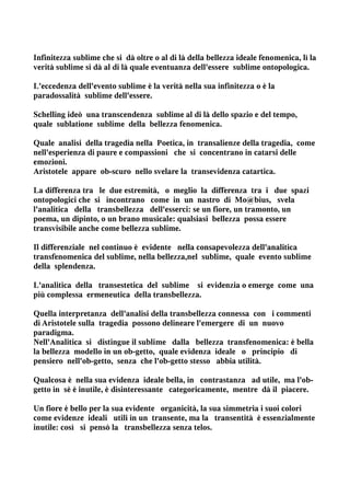 Infinitezza sublime che si dà oltre o al di là della bellezza ideale fenomenica, lì la
verità sublime si dà al di là quale eventuanza dell'essere sublime ontopologica.

L'eccedenza dell'evento sublime è la verità nella sua infinitezza o è la
paradossalità sublime dell'essere.

Schelling ideò una transcendenza sublime al di là dello spazio e del tempo,
quale sublatione sublime della bellezza fenomenica.

Quale analisi della tragedia nella Poetica, in transalienze della tragedia, come
nell'esperienza di paure e compassioni che si concentrano in catarsi delle
emozioni.
Aristotele appare ob-scuro nello svelare la transevidenza catartica.

La differenza tra le due estremità, o meglio la differenza tra i due spazi
ontopologici che si incontrano come in un nastro di Mo@bius, svela
l'analitica della transbellezza dell'esserci: se un fiore, un tramonto, un
poema, un dipinto, o un brano musicale: qualsiasi bellezza possa essere
transvisibile anche come bellezza sublime.

Il differenziale nel continuo è evidente nella consapevolezza dell'analitica
transfenomenica del sublime, nella bellezza,nel sublime, quale evento sublime
della splendenza.

L'analitica della transestetica del sublime si evidenzia o emerge come una
più complessa ermeneutica della transbellezza.

Quella interpretanza dell'analisi della transbellezza connessa con i commenti
di Aristotele sulla tragedia possono delineare l'emergere di un nuovo
paradigma.
Nell'Analitica si distingue il sublime dalla bellezza transfenomenica: è bella
la bellezza modello in un ob-getto, quale evidenza ideale o principio di
pensiero nell'ob-getto, senza che l'ob-getto stesso abbia utilità.

Qualcosa è nella sua evidenza ideale bella, in contrastanza ad utile, ma l'ob-
getto in sè è inutile, è disinteressante categoricamente, mentre dà il piacere.

Un fiore è bello per la sua evidente organicità, la sua simmetria i suoi colori
come evidenze ideali utili in un transente, ma la transentità è essenzialmente
inutile: così si pensò la transbellezza senza telos.
 
