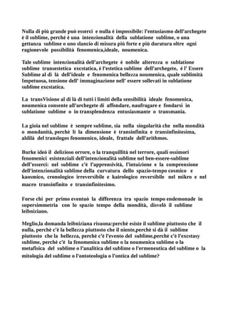 Nulla di più grande può esserci e nulla è impossibile: l'entusiasmo dell'archegete
è il sublime, perché è una intenzionalità della sublatione sublime, o una
gettanza sublime o uno slancio di misura più forte e più duratura oltre ogni
ragionevole possibilità fenomenica,ideale, noumenica.

Tale sublime intenzionalità dell'archegete è nobile alterezza o sublatione
sublime transestetica excstatica, è l'estetica sublime dell'archegete, è l' Essere
Sublime al di là dell'ideale e fenomenica bellezza noumenica, quale sublimità
Impetuosa, tensione dell' immaginazione nell' essere sollevati in sublatione
sublime excstatica.

La transVisione al di là di tutti i limiti della sensibilità ideale fenomenica,
noumenica consente all'archegete di affondare, naufragare e fondarsi in
sublatione sublime o in transplendenza entusiasmante o transmania.

La gioia nel sublime è sempre sublime, sia nella singolarità che nella mondità
o mondanità, perchè lì la dimensione è transinfinita e transinfinitesima,
aldilà del translogos fenomenico, ideale, frattale dell'arithmos.

Burke ideò il delizioso orrore, o la tranquillità nel terrore, quali ossimori
fenomenici esistenziali dell'intenzionalità sublime nel ben-essere-sublime
dell’esserci: nel sublime c'è l'apprensività, l'intuizione e la comprensione
dell'intenzionalità sublime della curvatura dello spazio-tempo cosmico e
kaosmico, cronologico irreversibile e kairologico reversibile nel mikro e nel
macro transinfinito e transinfinitesimo.

Forse chi per primo eventuò la differenza tra spazio tempo endemonade in
supersimmetria con lo spazio tempo della mondità, disvelò il sublime
leibniziano.

Meglio,la domanda leibniziana risuona:perchè esiste il sublime piuttosto che il
nulla, perchè c'è la bellezza piuttosto che il niente,perchè si dà il sublime
piuttosto che la bellezza, perchè c'è l'evento del sublime,perchè c'è l'excstasy
sublime, perchè c'è la fenomenica sublime o la noumenica sublime o la
metafisica del sublime o l'analitica del sublime o l'ermeneutica del sublime o la
mitologia del sublime o l'ontoteologia o l'ontica del sublime?
 