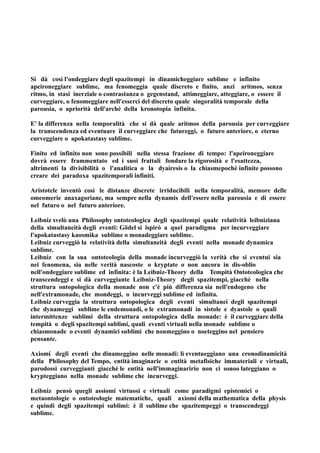 Si dà così l'ondeggiare degli spazitempi in dinamicheggiare sublime e infinito
apeironeggiare sublime, ma fenomeggia quale discreto e finito, anzi aritmos, senza
ritmo, in stasi inerziale o contrastanza o gegenstand, attimeggiare, atteggiare, o essere il
curveggiare, o fenomeggiare nell'esserci del discreto quale singoralità temporale della
parousia, o apriorità dell'archè della kronotopia infinita.

E' la differenza nella temporalità che si dà quale aritmos della parousia per curveggiare
la transcendenza ed eventuare il curveggiare che futureggi, o futuro anteriore, o eterno
curveggiare o apokatastasy sublime.

Finito ed infinito non sono possibili nella stessa frazione di tempo: l'apeironeggiare
dovrà essere frammentato ed i suoi frattali fondare la rigorosità e l'esattezza,
altrimenti la divisibilità o l'analitica o la dyairesis o la chiasmepochè infinite possono
creare dei paradoxa spazitemporali infiniti.

Aristotele inventò così le distanze discrete irriducibili nella temporalità, memore delle
omeomerie anaxagoriane, ma sempre nella dynamis dell'essere nella parousia e di essere
nel futuro o nel futuro anteriore.

Leibniz svelò una Philosophy ontoteologica degli spazitempi quale relatività leibniziana
della simultaneità degli eventi: Gödel si ispirò a quel paradigma per incurveggiare
l'apokatastasy kaosmika sublime o monadeggiare sublime.
Leibniz curveggiò la relatività della simultaneità degli eventi nella monade dynamica
sublime.
Leibniz con la sua ontoteologia della monade incurveggiò la verità che si eventui sia
nei fenomena, sia nelle verità nascoste o kryptate o non ancora in dis-oblio
nell'ondeggiare sublime ed infinita: è la Leibniz-Theory della Tempità Ontoteologica che
transcendeggi e si dà curveggiante Leibniz-Theory degli spazitempi, giacchè nella
struttura ontopologica della monade non c'è più differenza sia nell'endogeno che
nell'extramonade, che mondeggi, o incurveggi sublime ed infinita.
Leibniz curveggia la struttura ontopologica degli eventi simultanei degli spazitempi
che dynameggi sublime le endemonadi, o le extramonadi in sistole e dyastole o quali
intermittenze sublimi della struttura ontopologica della monade: è il curveggiare della
tempità o degli spazitempi sublimi, quali eventi virtuali nella monade sublime o
chiasmonade o eventi dynamici sublimi che noumeggino o noeteggino nel pensiero
pensante.

Axiomi degli eventi che dinameggino nelle monadi: lì eventueggiano una cronodinamicità
della Philosophy del Tempo, entità imaginarie o entità metafisiche immateriali e virtuali,
parodossi curveggianti giacchè le entità nell'immaginaririo non ci sonoo lateggiano o
krypteggiano nella monade sublime che incurveggi.

Leibniz pensò quegli assiomi virtuosi e virtuali come paradigmi epistemici o
metaontologie o ontoteologie matematiche, quali axiomi della mathematica della physis
e quindi degli spazitempi sublimi: è il sublime che spazitempeggi o transcendeggi
sublime.
 