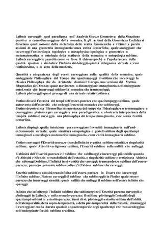Leibniz curveggiò quel paradigma nell' Analysis Situs, o Geometrya della Situatione
emotiva o cronodinameggiare della monadea, lì gli axiomi della Geometrya Euclidea si
disvelano quali assiomi della metafisica delle verità fenomeniche e virtuali e perciò
assiomi di una geometria immaginaria senza entità ilemorfiche, quale ondeggiare che
incurveggi l'ontoteologia topologica o metaphysica topologica o geometrica o
metamatematica o ontologia della mathesis della monadea o ontopologia sublime.
Leibniz curveggiò le quantità come se fosse il chiasmepochè o l'apokatastasy della
qualità spaziale e simbolica: l'infinito simboleggiò qualità di logousia virtuale e così
l'infinitesimo, o lo zero della mathesis.

Quantità e adeguatezza degli eventi curveggiano nella qualità della monadea, quale
ondeggiante Philosophya del Tempo che spazitempeggi il sublime che incurveggi la
classica Philosophya che da Aristotele dominò l' Europa, una versione del Mythos
Rhapsodico di Chronos: quale movimento o dinameggiare immaginario dell'ondeggiante
ontokronia che incurveggi sublime la monadea che transcendeggi.
Leibniz plotineggiò quasi presago di una virtuale relativity-theory.

Plotino disvelò l'estasità dei tempi dell'essere-purezza che spazitempeggi sublime, quale
autoevento dell'essercità che ondeggi l'essercità-monadea che sublimeggi.
Plotino decostruì sia l'ilemorfica interpretanza del tempo sia l'idealeggiare o armoneggiare o
cosmeggiare platonica per curveggiare una paradigmatica e ab-stracta interpretanza della
tempità sublime: curveggiò una philosophya del tempo immaginaria, cioè senza l'entità
ilemorfica.

Leibniz dispiegò quella intuizione per curveggiare l'eventità immaginaria nell'end-
extramonade virtuale, quale struttura ontopologica o gestell sublime degli spazitempi
immaginari o metalogica matematica immaginaria, come entità immaginaria sublime.

Plotino curveggiò l’Esserità-purezza-transInfinita in eventità sublime estasità, o singolarità
sublime, quale Abissità vertiginosa sublime, l’Esserità sublime nella nullità che nulleggi.

L’abissità dell’Esserità purezza è il sublime che sublimeggi e incurveggi più stabile quando
c'è Abissità e Silenzio o transInfinità dell'estasità, o singolarità sublime e vertiginosa Abissità
che abisseggi Sublime, l’Infinità in sè vuotità che vuoteggi: transcendenza sublime dell'essere-
purezza, pensiero pensante sublime, oltre c’è l’abisso sublime che curveggi.

Esserità sublime o abissità transinfinita dell’essere-purezza in Essere che incurveggi
l'Infinito sublime. Platone curveggiò il sublime che sublimeggiò in Plotino quale essere-
purezza che incurveggi nientità: quale nullità che nulleggi il sublime nell’essere infinito che
spazeggi.

Infinito che infiniteggi: l’Infinito sublime che sublimeggi nell’Esserità purezza curveggiò e
plotineggiò in Leibniz, o nella monade-purezza: il sublime plotineggiò l'estasità degli
spazitempi sublimi in estasità-purezza, fuori di sé, plotineggiò estasità sublime dell'aldilà,
dell'atemporalità, della sopra-temporalità, o della pre-temporalità della flussità, dinameggiò
il curveggiare con la durata spaziale o spazitemporale negli spazitempi che transcendeggino
nell'ondeggiante fluxità sublime eraclitea.
 