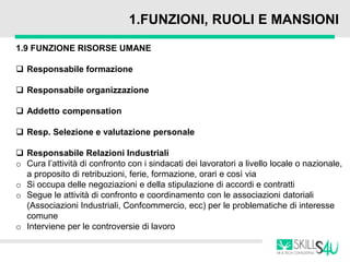 1.FUNZIONI, RUOLI E MANSIONI
1.9 FUNZIONE RISORSE UMANE
 Responsabile formazione
 Responsabile organizzazione
 Addetto compensation
 Resp. Selezione e valutazione personale
 Responsabile Relazioni Industriali
o Cura l’attività di confronto con i sindacati dei lavoratori a livello locale o nazionale,
a proposito di retribuzioni, ferie, formazione, orari e così via
o Si occupa delle negoziazioni e della stipulazione di accordi e contratti
o Segue le attività di confronto e coordinamento con le associazioni datoriali
(Associazioni Industriali, Confcommercio, ecc) per le problematiche di interesse
comune
o Interviene per le controversie di lavoro
 