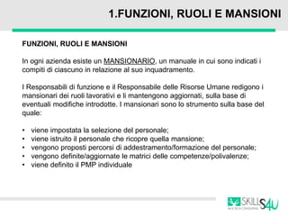 1.FUNZIONI, RUOLI E MANSIONI
FUNZIONI, RUOLI E MANSIONI
In ogni azienda esiste un MANSIONARIO, un manuale in cui sono indicati i
compiti di ciascuno in relazione al suo inquadramento.
I Responsabili di funzione e il Responsabile delle Risorse Umane redigono i
mansionari dei ruoli lavorativi e li mantengono aggiornati, sulla base di
eventuali modifiche introdotte. I mansionari sono lo strumento sulla base del
quale:
• viene impostata la selezione del personale;
• viene istruito il personale che ricopre quella mansione;
• vengono proposti percorsi di addestramento/formazione del personale;
• vengono definite/aggiornate le matrici delle competenze/polivalenze;
• viene definito il PMP individuale
 
