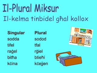 Il-kelma tinbidel għal kollox Il-Plural Miksur kċejjen kċina btieħi bitħa rġiel raġel tfal tifel sodod sodda Plural Singular 