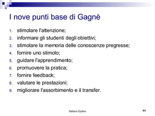I nove punti base di Gagnè stimolare l'attenzione;  informare gli studenti degli obiettivi;  stimolare la memoria delle conoscenze pregresse;  fornire uno stimolo;  guidare l'apprendimento;  promuovere la pratica;  fornire feedback;  valutare le prestazioni;  migliorare l'assorbimento e il transfer.  