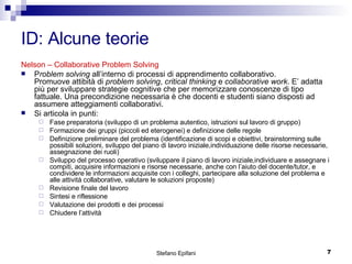 ID: Alcune teorie Nelson – Collaborative Problem Solving P roblem solving  all’interno di processi di apprendimento collaborativo. Promuove attibità di  problem solving ,  critical thinking  e  collaborative work . E’ adatta più per sviluppare strategie cognitive che per memorizzare conoscenze di tipo fattuale. Una precondizione necessaria è che docenti e studenti siano disposti ad assumere atteggiamenti collaborativi. Si articola in punti: Fase preparatoria (sviluppo di un problema autentico, istruzioni sul lavoro di gruppo) Formazione dei gruppi (piccoli ed eterogenei) e definizione delle regole Definizione preliminare del problema (identificazione di scopi e obiettivi, brainstorming sulle possibili soluzioni, sviluppo del piano di lavoro iniziale,individuazione delle risorse necessarie, assegnazione dei ruoli) Sviluppo del processo operativo (sviluppare il piano di lavoro iniziale,individuare e assegnare i compiti, acquisire informazioni e risorse necessarie, anche con l’aiuto del docente/tutor, e condividere le informazioni acquisite con i colleghi, partecipare alla soluzione del problema e alle attività collaborative, valutare le soluzioni proposte) Revisione finale del lavoro Sintesi e riflessione Valutazione dei prodotti e dei processi Chiudere l’attività 