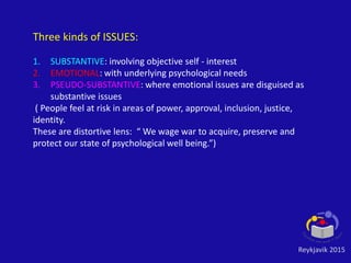 Reykjavik 2015
Three kinds of ISSUES:
1. SUBSTANTIVE: involving objective self - interest
2. EMOTIONAL: with underlying psychological needs
3. PSEUDO-SUBSTANTIVE: where emotional issues are disguised as
substantive issues
( People feel at risk in areas of power, approval, inclusion, justice,
identity.
These are distortive lens: “ We wage war to acquire, preserve and
protect our state of psychological well being.”)
 