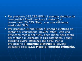 Per produrre 122.296 GWh di energia elettrica da combustibili fossili (escluso il metano) si consumano 26,525 Mtep,  con una efficienza media del 39%. Per produrre 95.905 GWh di energia elettrica da metano si consumano 18,259  Mtep,  con una efficienza media del 45%, poco meno della metà del metano è utilizzata in cicli combinati, i quali possono avere efficienze del 55%. Per la produzione di  energia elettrica  si devono utilizzare circa  53,5 Mtep   di energia primaria. 