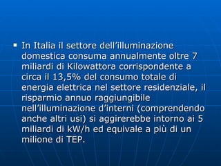 In Italia il settore dell’illuminazione domestica consuma annualmente oltre 7 miliardi di Kilowattora corrispondente a circa il 13,5% del consumo totale di energia elettrica nel settore residenziale, il risparmio annuo raggiungibile nell’illuminazione d’interni (comprendendo anche altri usi) si aggirerebbe intorno ai 5 miliardi di kW/h ed equivale a più di un milione di TEP. 