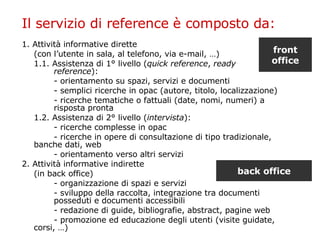 Il servizio di reference è composto da: 1. Attività informative dirette (con l’utente in sala, al telefono, via e-mail, …) 1.1. Assistenza di 1° livello ( quick reference ,  ready  reference ): - orientamento su spazi, servizi e documenti - semplici ricerche in opac (autore, titolo, localizzazione) - ricerche tematiche o fattuali (date, nomi, numeri) a  risposta pronta 1.2. Assistenza di 2° livello ( intervista ): - ricerche complesse in opac - ricerche in opere di consultazione di tipo tradizionale,  banche dati, web - orientamento verso altri servizi 2. Attività informative indirette (in back office) - organizzazione di spazi e servizi - sviluppo della raccolta, integrazione tra documenti  posseduti e documenti accessibili - redazione di guide, bibliografie, abstract, pagine web - promozione ed educazione degli utenti (visite guidate,  corsi, …) front office back office 