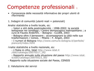 Competenze professionali  1 Conoscenza delle necessità informative dei propri utenti di riferimento 1. Indagini di comunità (utenti reali + potenziali) Analisi statistiche a livello locale, es: - Valori e stili della postmodernità : 1998-2002: la società bolognese nei sondaggi / Centro demoscopico metropolitano ; a cura di Fausto Anderlini. - Bologna : CLUEB, 2003 - Bologna oltre il benessere : accompagnare la città nelle sue trasformazioni / Censis. - Milano : F. Angeli, 2003 - I numeri di Bologna  http :// www .comune. bologna . it /iperbole/ piancont / index . html A nalisi statistiche a livello nazionale, es: - L’Italia in cifre, Istat  http :// www . istat . it /dati/catalogo/20070517_00/ - Rapporto annuale sulla situazione del paese  http :// www . istat . it /dati/catalogo/20070523_00/ 	 - Rapporto sulla situazione sociale del Paese, CENSIS 2. Valutazione dei servizi 