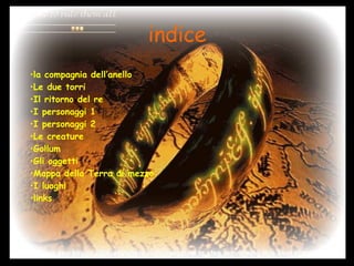 indice la compagnia dell’anello Le due torri Il ritorno del re I personaggi 1 I personaggi 2 Le creature Gollum  Gli oggetti  Mappa della Terra di mezzo I luoghi links 