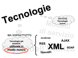 Modelli di servizio Ruolo dell’Utenza Tecnologie Tecnologie nuove Tecnologie già esistenti,  utilizzate in  modo nuovo (anche) MA SOPRATTUTTO JavaScript AJAX XML RSS SOAP OpenAPI 